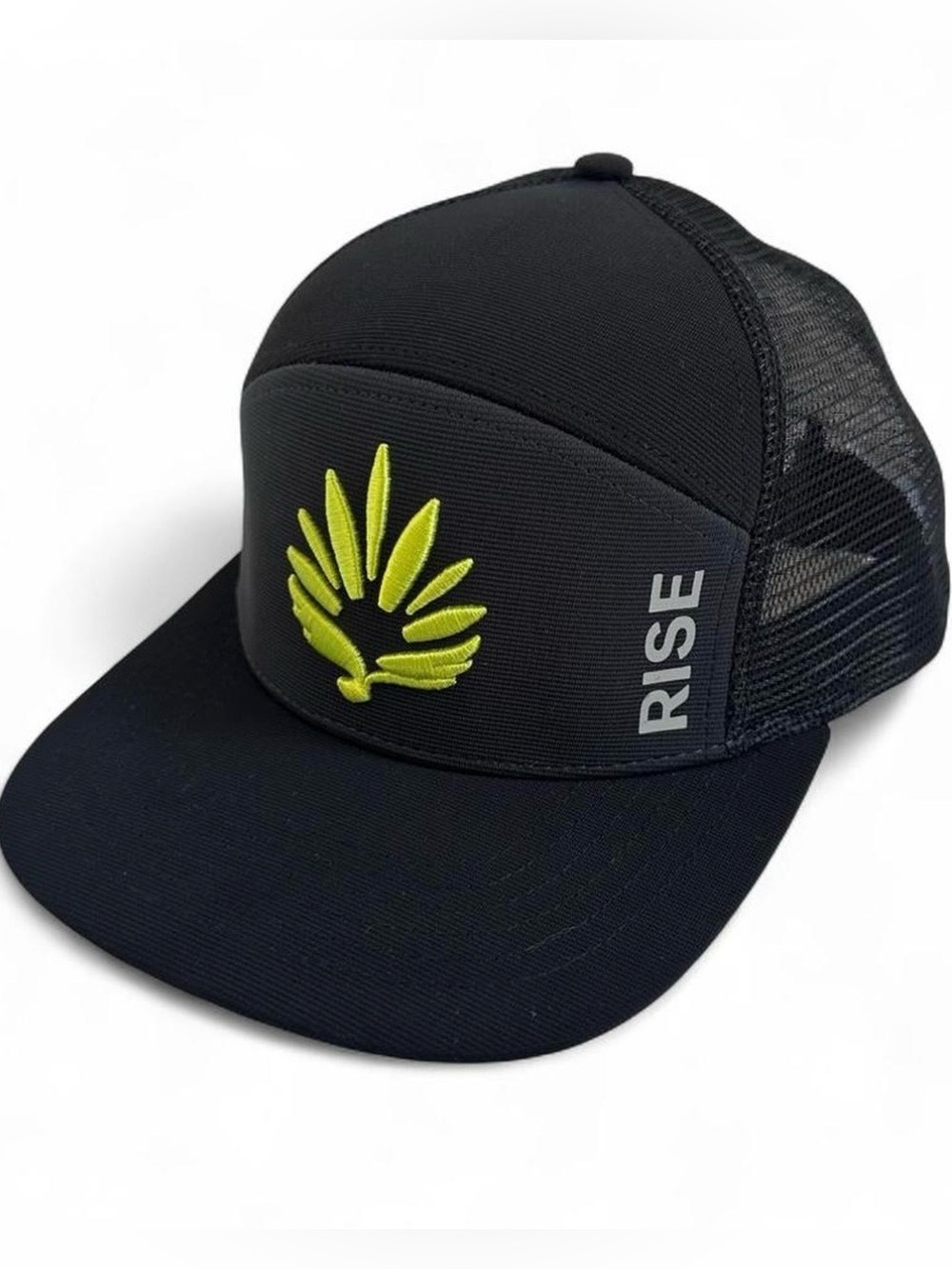 RISE Cannabis 7-Panel Trucker Hat-Black SnapBack-Neon Agave Streetwear Gorpcore